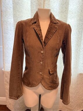 Y2K Jeanology Brown Denim Blazer Jacket Size 8 Beaded Boho